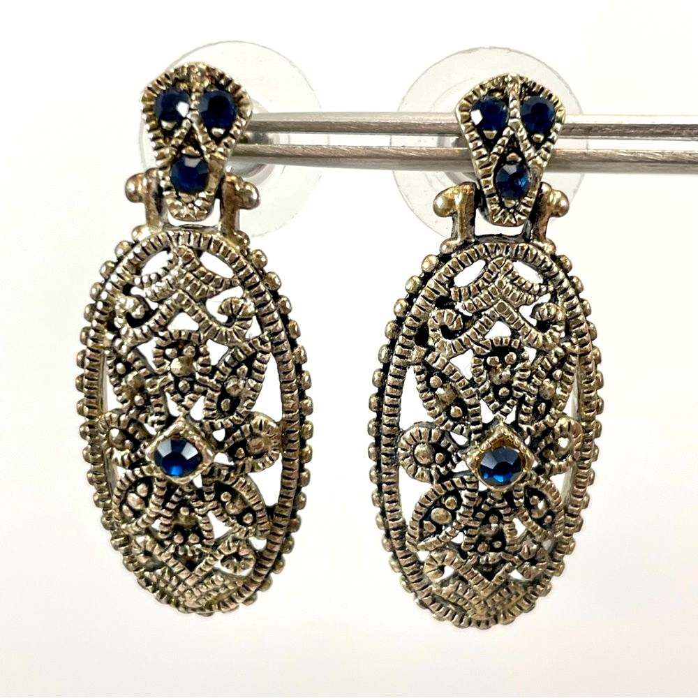 Vintage Silver Tone Damascus Filigree Dangle Marcasite Rhinestone Earrings
